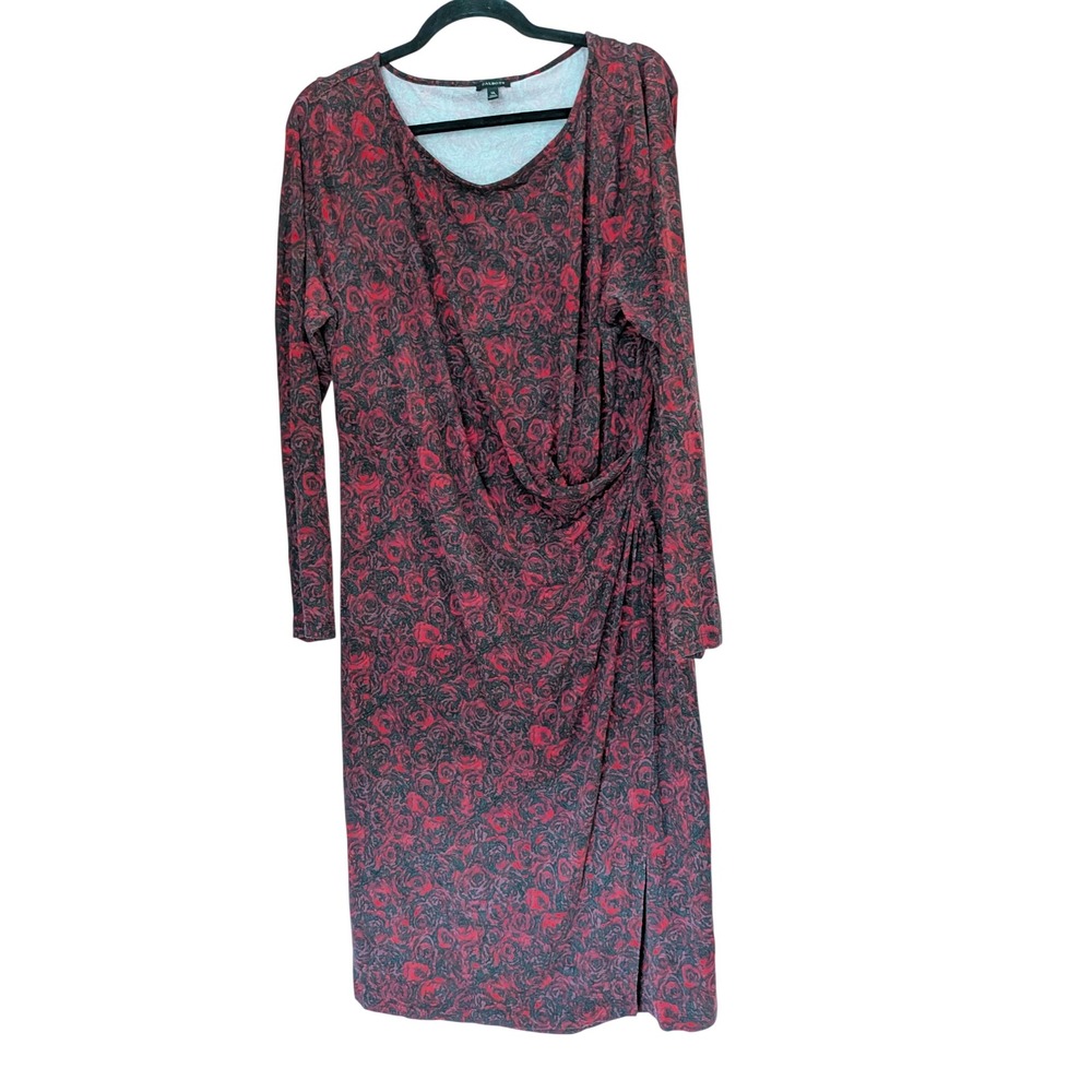 Talbots XL Red Black Rose Floral Draped Faux Wrap Ruched Long Sleeve Dress